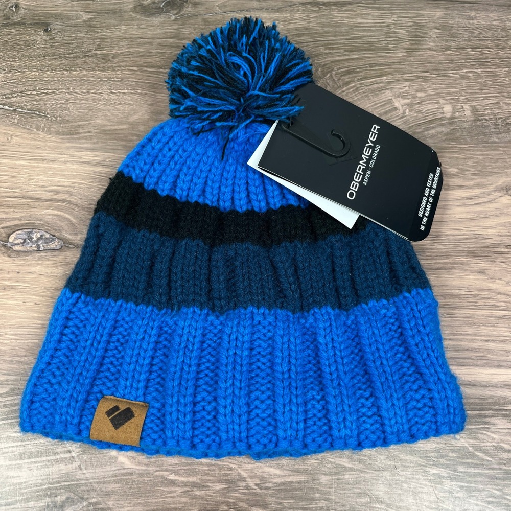 Obermeyer Powell Pom Beanie Kids One Size Blue Vibes Striped Fleece Lined